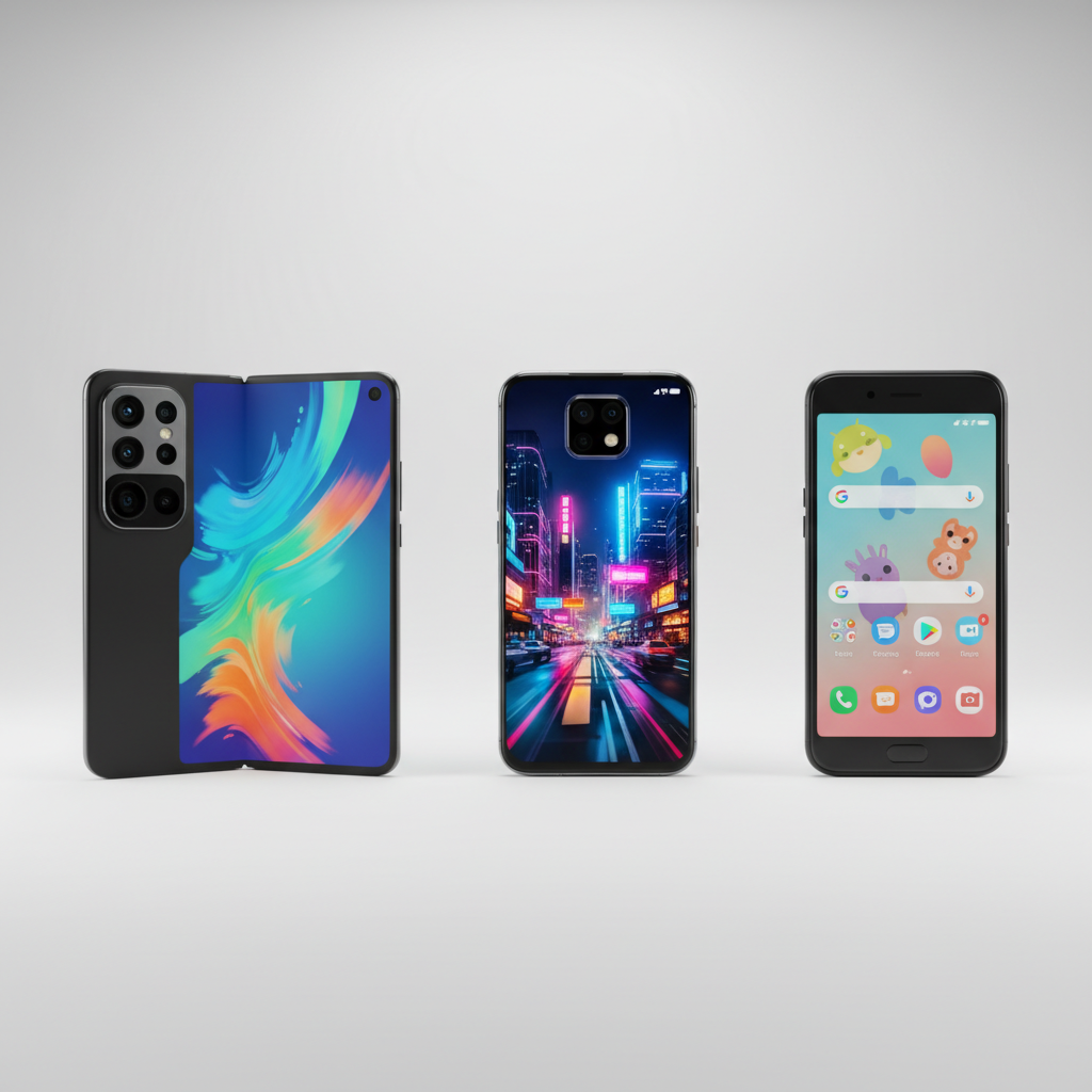 Three Android phones compared by size, display, and features