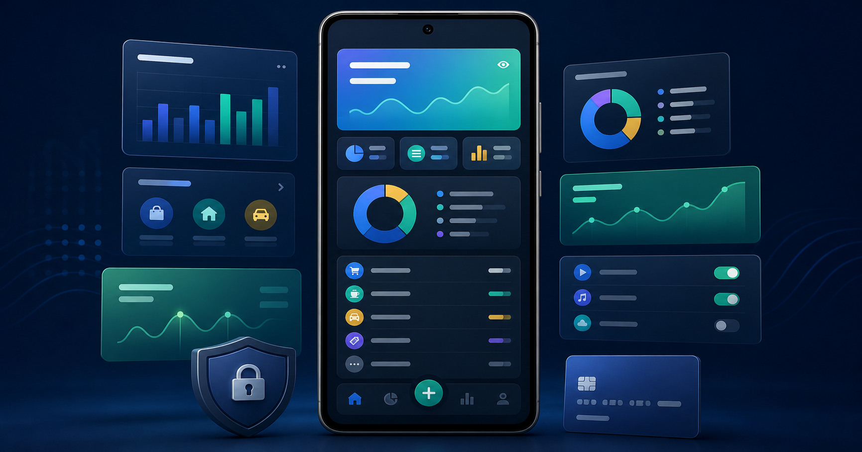 Android phone showing a personal finance dashboard and spending charts