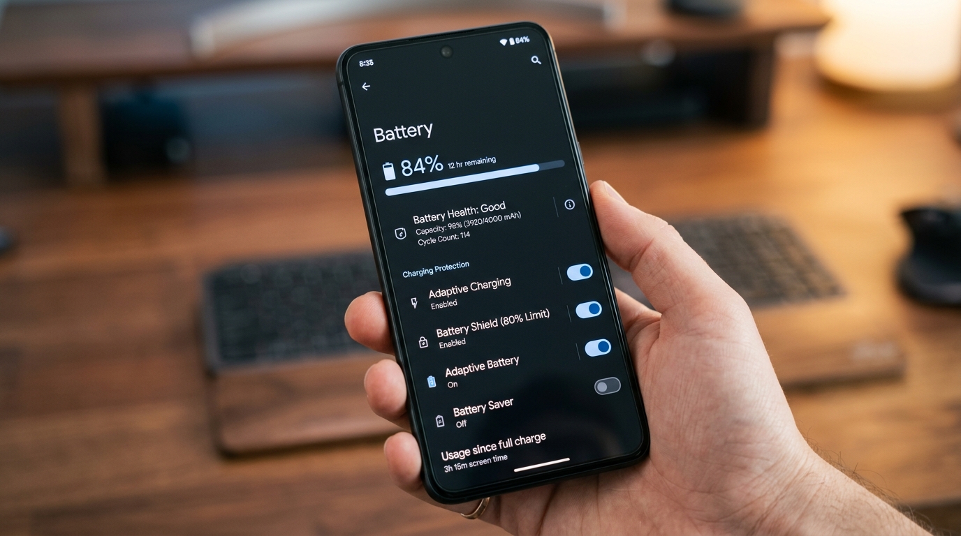 Hand holding Android phone displaying battery health stats, cycle count, and protection switches