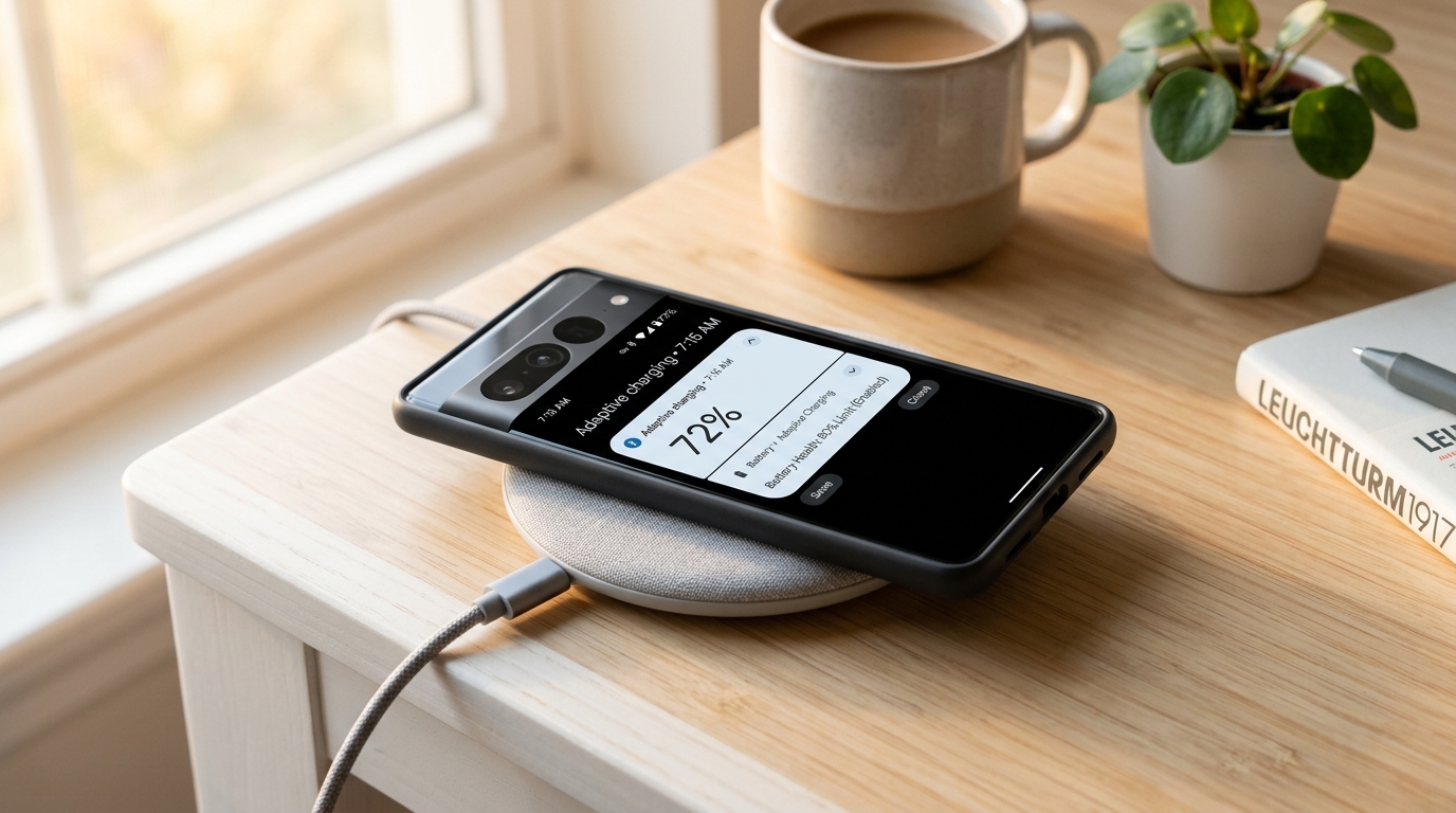 Android smartphone on a wireless charging pad showing adaptive charging status